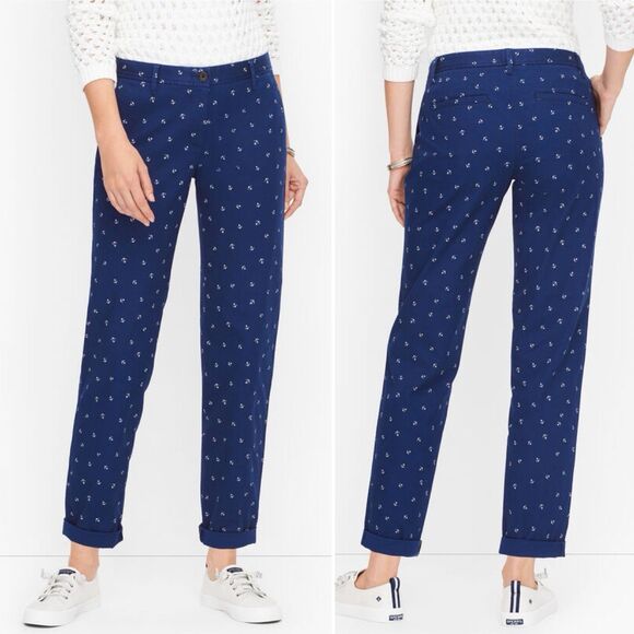 Talbot's Relaxed Chino Pant Size 12 Navy White Anchors Nautical Coastal PRISTINE - Picture 1 of 12